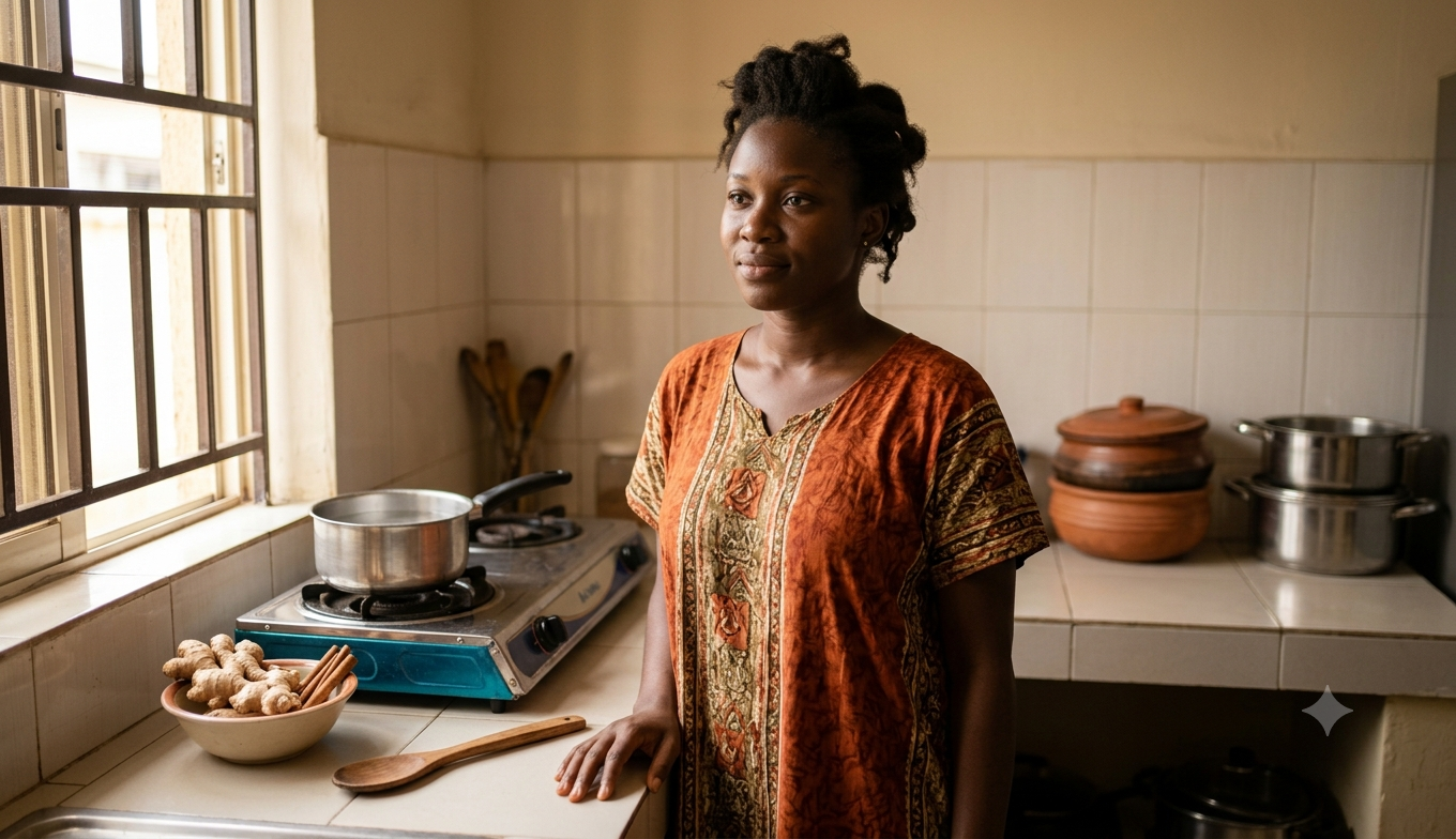 Young Nigerian woman in her Lagos kitchen — warm, confident morning light